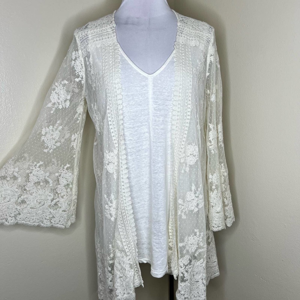 2 Piece Sundance Divine Lace Kimono Cardigan w Linen Tank Top MED Cream Floral